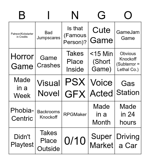 ITCH.io Bingo Card