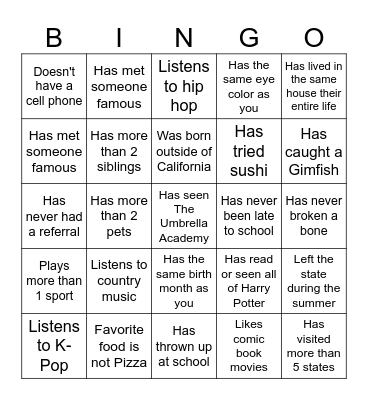 Middle School Bingo Card