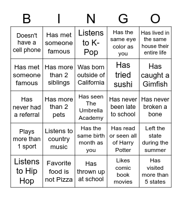 Middle School Bingo Card