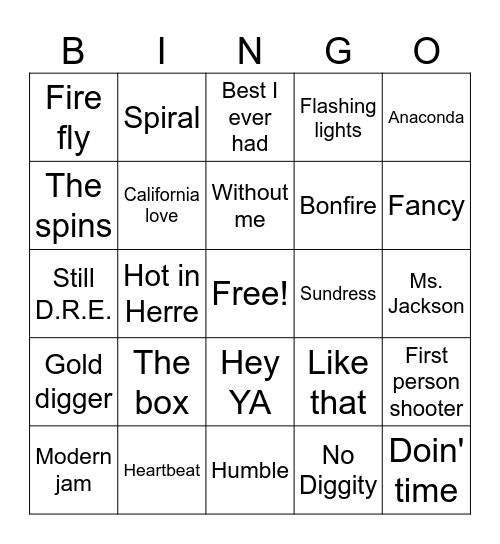 guess the rap song Bingo Card