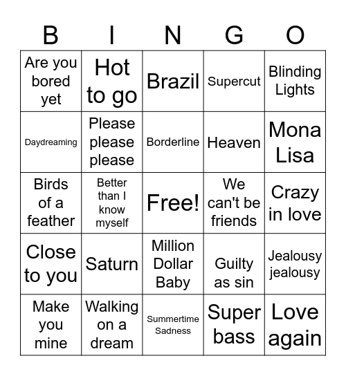 guess the pop song Bingo Card