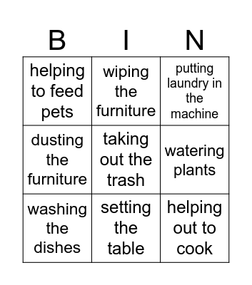 house chores Bingo Card