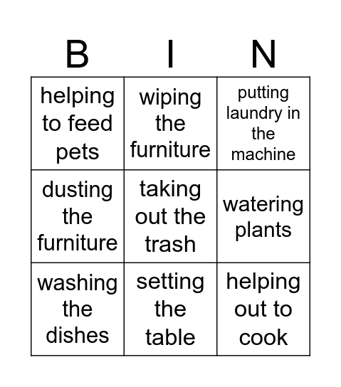 house chores Bingo Card