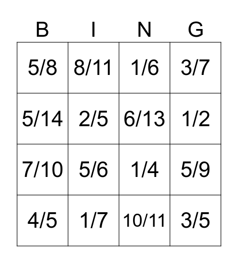 Simplifying Fractions - Pre-Algebra Bingo Card