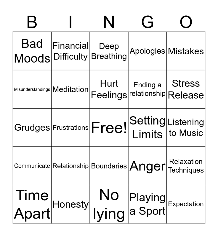 Healthy Relationships & Anger Management Bingo Card