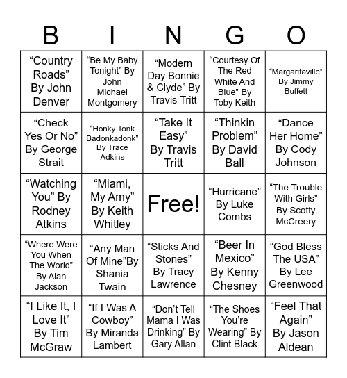 COUNTRY MUSICAL BINGO #2 Bingo Card