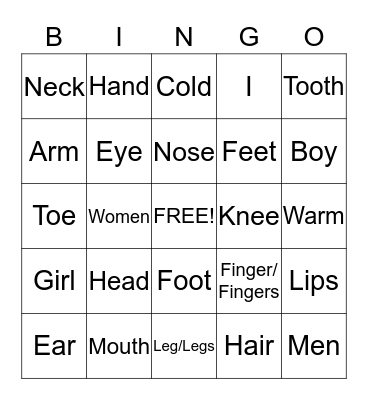 Body Parts Bingo Card