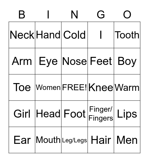 Body Parts Bingo Card