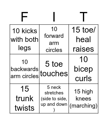 Fitness Bingo  Bingo Card