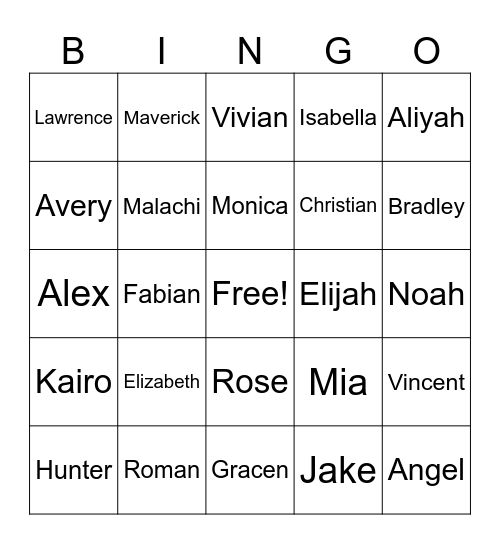 Student Names Bingo Card