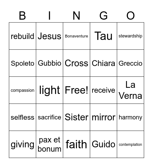 Franciscan Bingo! Bingo Card