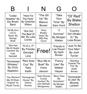 COUNTRY MUSICAL BINGO #1 Bingo Card