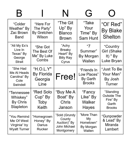 COUNTRY MUSICAL BINGO #1 Bingo Card