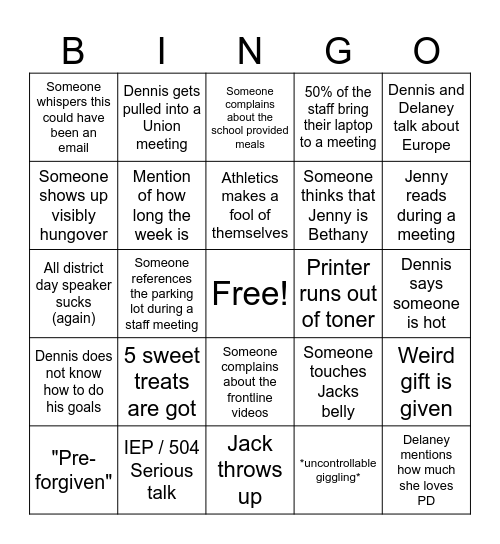 Staff week Bingo Card