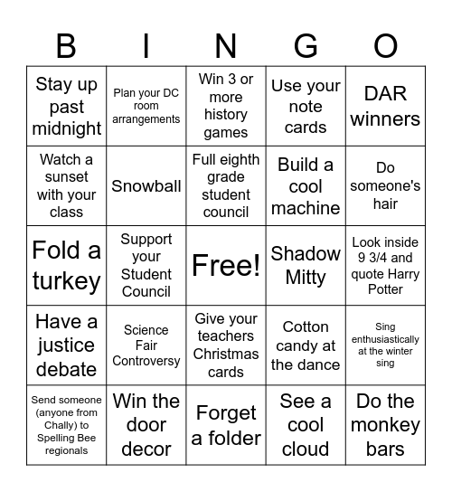 Challenger 1st Semester Bingo Card
