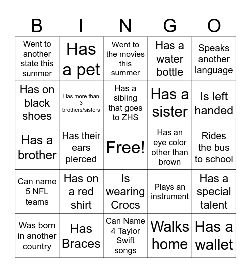 CLASSMATE Bingo Card