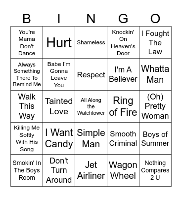 Unrefined Brewing - Cover Songs Bingo Card