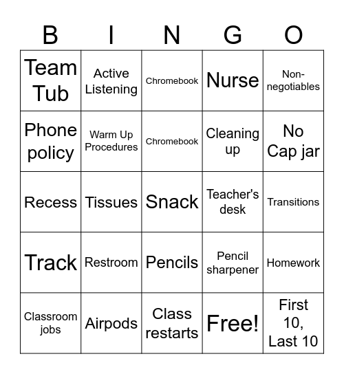 Procedure Bingo Card