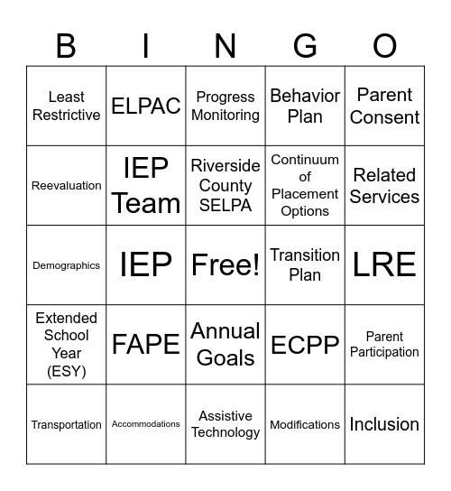 Paraeducator Bootcamp Bingo Card