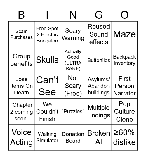 Le Roblox Horror Bingo Card