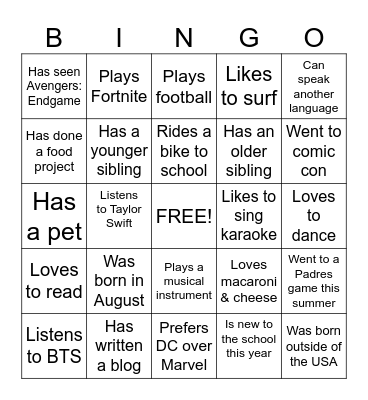 7th Grade Human Bingo Card