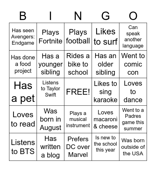 7th Grade Human Bingo Card