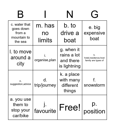 Vocab. Bingo (Definitions) Bingo Card