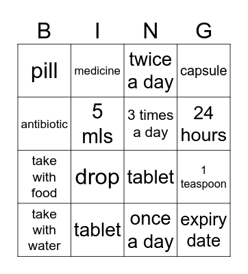 Medication Bingo Card