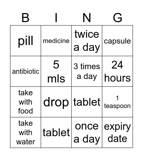 Medication Bingo Card