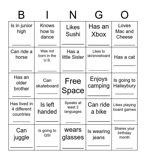 YOUTH HUMAN BINGO Card