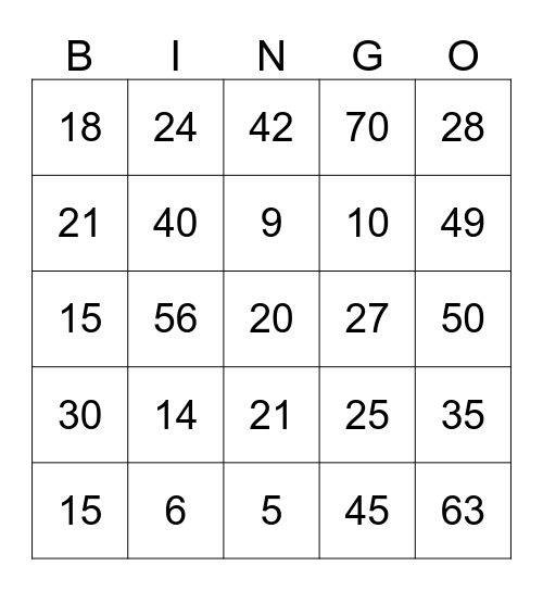 3, 5 & 7 multiplication Bingo Card