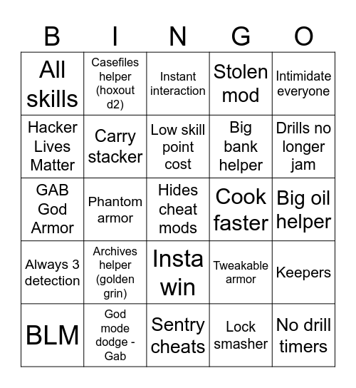Payday 2 Cheats Bingo Card