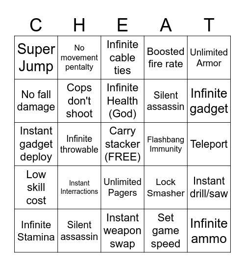 Payday 2 Public Match Experience Bingo Card