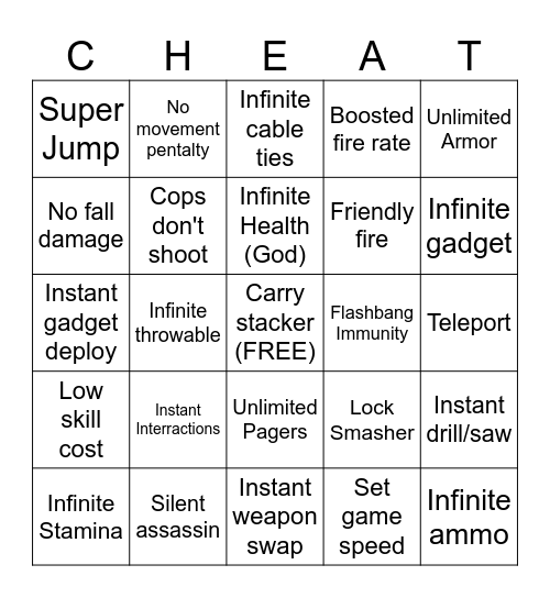 Payday 2 Public Match Experience Bingo Card