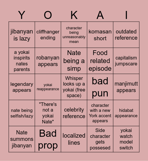 yokai watch bingo Card