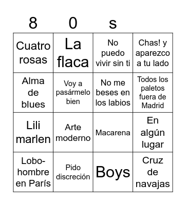 80s - Cantantes & Canciones Bingo Card