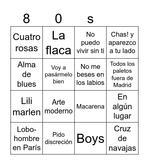 80s - Cantantes & Canciones Bingo Card