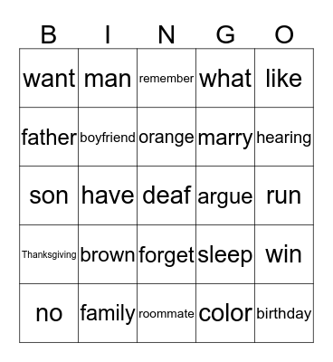 ASL101 Vocabualry Bingo Card