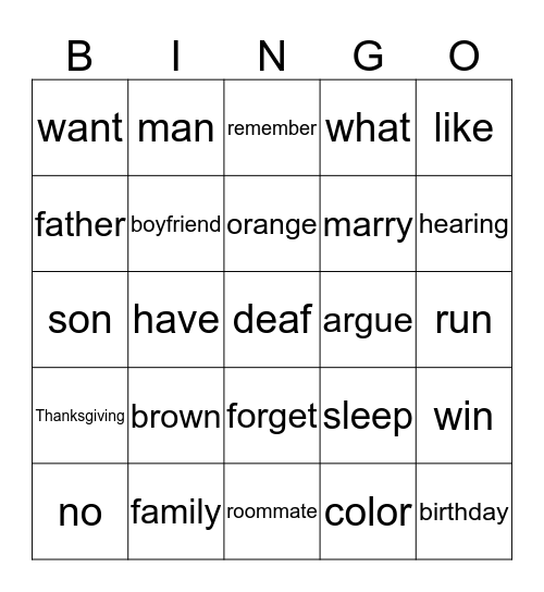 ASL101 Vocabualry Bingo Card