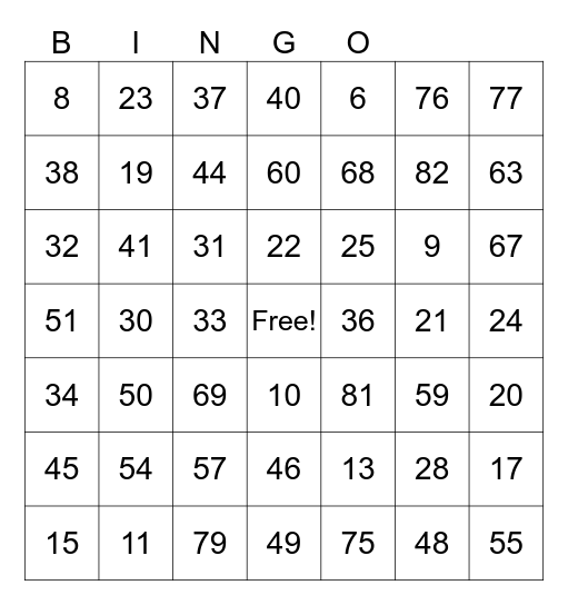 Number Bingo 1-90 Bingo Card