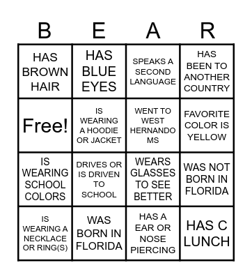 CLASSMATE BINGO (BEAR!) Bingo Card