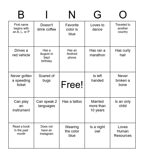 Get to know you Bingo Card