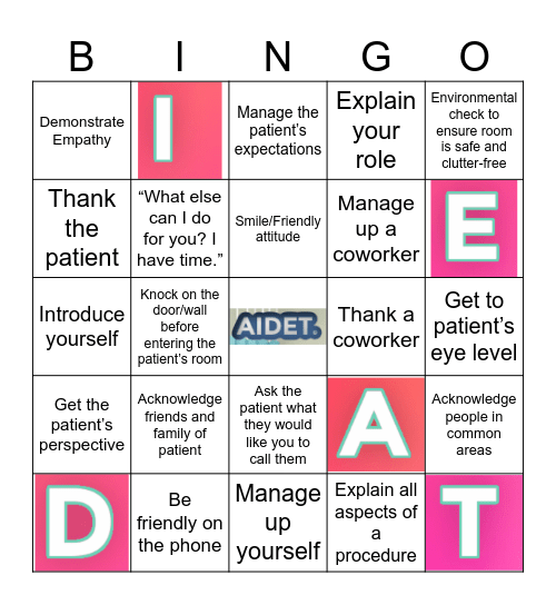 AIDET Bingo Card