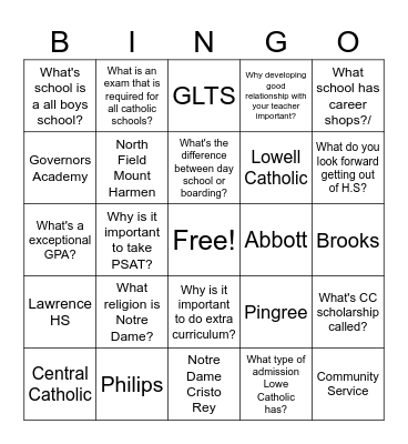 Highschool Bingo Card