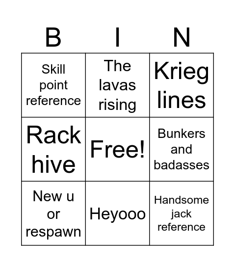 Borderlands movie bingo Card