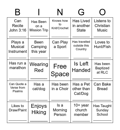 Redeemed Life Church Bingo Card