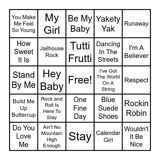 50's & 60's Music Bingo Card