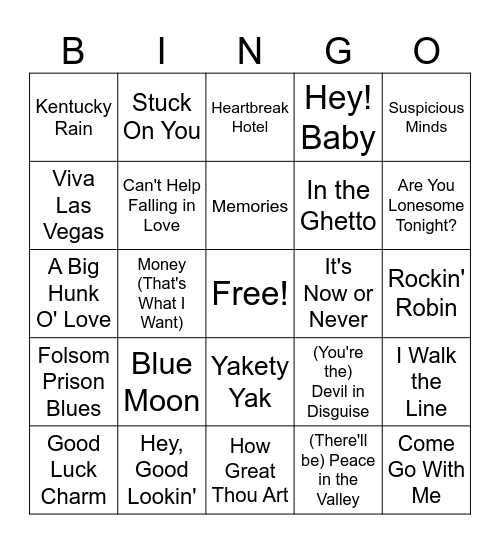 Elvis & 50's Songs Bingo Card