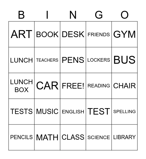 BACK TO SCHOOL Bingo Card