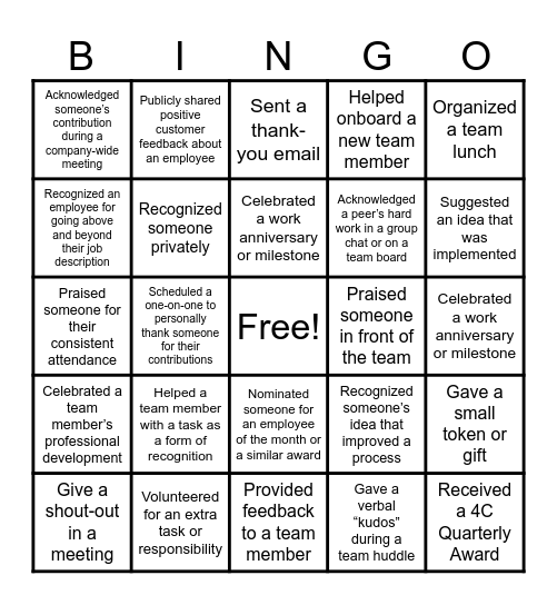 Recognition Bingo Card